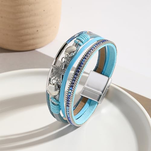 VIBILIA Boho Leather Wrap Bracelets for Women Multi-Layer Bracelets with Strong Clasp Jewelry for Women - color: 04-ShellStarfish-Blue