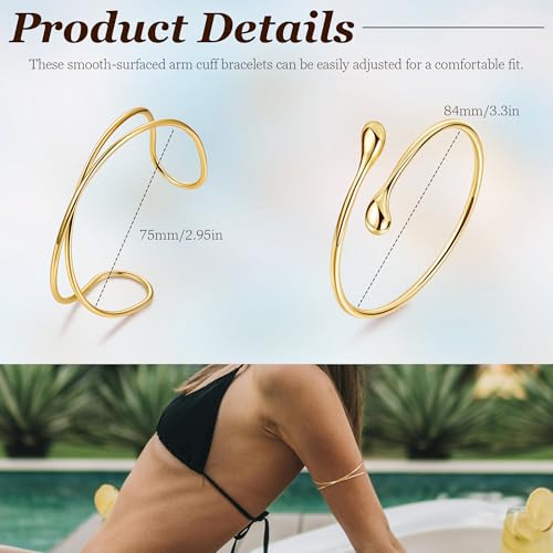 2Pcs Gold Arm Cuff for Women Adjustable Arm Cuff Bracelet Minimalist Open Coil Upper Arm Band Cuff Bangle Set - style: Gold C