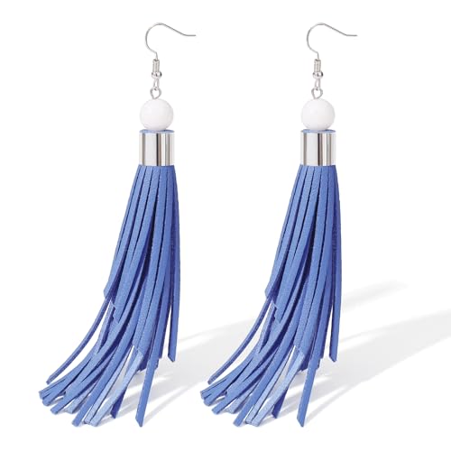Coiris Boho Leather Layered Tassel Earrings for Women Lightweight Leather Fringe Dangle Earrings Handmade Bohemian Summer Beach Western Drop Earrings for Women - color: Blue