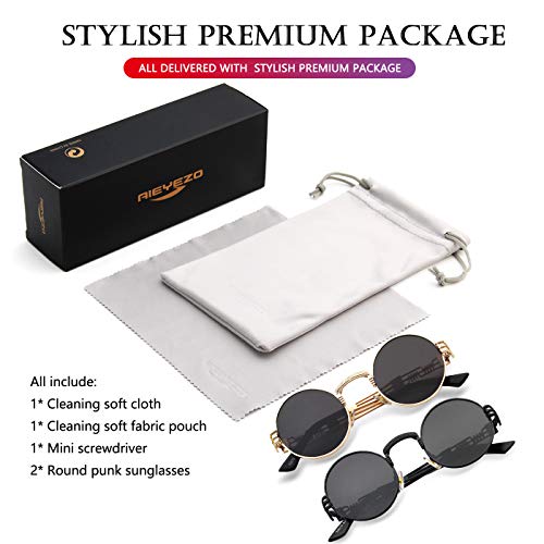 AIEYEZO Round Steampunk Sunglasses for Men Women Retro Circle Hippie Glasses Metal Frame 100% UV Blocking Lens - color: 2 Pack (Gold/Grey, Black/Grey)
