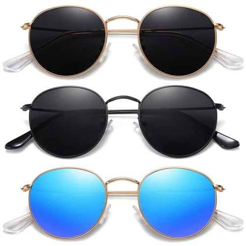 MEETSUN Round Polarized Sunglasses for Women Men Classic Retro Metal Frame Sun Glasses UV Protection - color: (3 Pack) Gold/Grey + Black/Grey + Gold/Blue