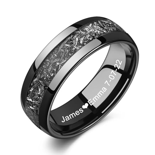 Vakki Personalized Black Tungsten Ring for Men Women Wedding Band Meteorite Inlay Custom Engraved Engagement Ring Polished Domed Comfort Fit Size 7-12 - color: C-Customized