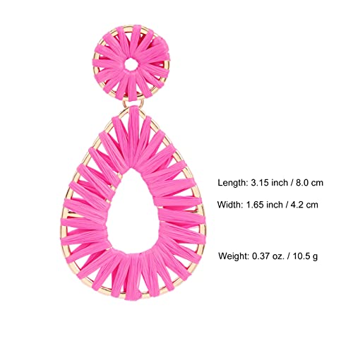 Raffia Teardrop Dangle Earrings Handmad Statement Drop Earrings - color: Hot Pink