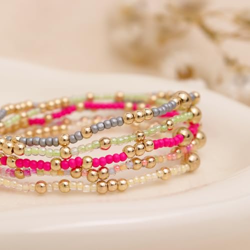 Gold Beaded Stackable Friendship Bracelets Set for Women, Handmade Boho Stretch Summer Jewelry Gift. - color: gold green gray fuchsia pink yellow beige