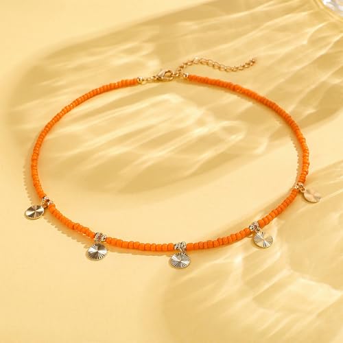 Colorful Boho Bead Choker Necklace Handmade Beaded Necklace Personalized Surfer Beach Necklaces for Women - color: QD 05 Orange