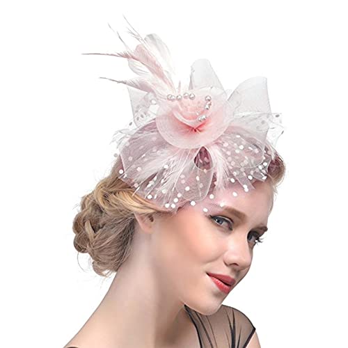 DRESHOW Fascinators Hat Flower Mesh Ribbons Feathers on a Headband and a Clip Tea Party Headwear for Girls and Women - color: 7" Diameter / Blush Pink