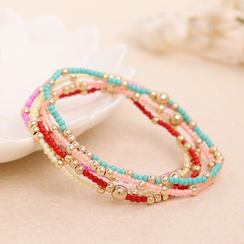 Gold Beaded Stackable Friendship Bracelets Set for Women, Handmade Boho Stretch Summer Jewelry Gift. - color: gold orange green red fuchsia yellow