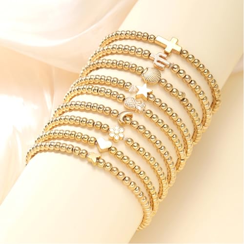 ÌF ME 16 PCS Gold Bead Bracelet for Women, Gold Beaded Stretch Plated Stackable Strand Bead Ball Bracelets stack Adjustable Jewelry Set for Gifts - color: 9 PCS Gold
