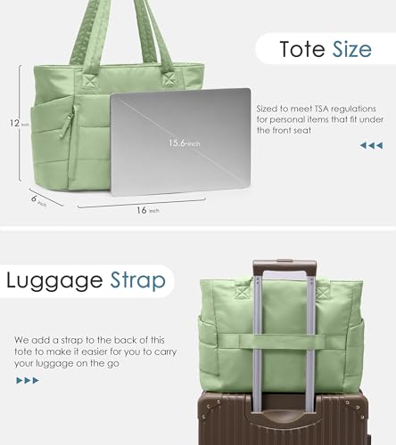 Tote Bag for Women with Zipper, Quilted Puffer Tote Bag with Compartments, Lightweight Puffy Work Bags for Women Travel - color: Foam Green