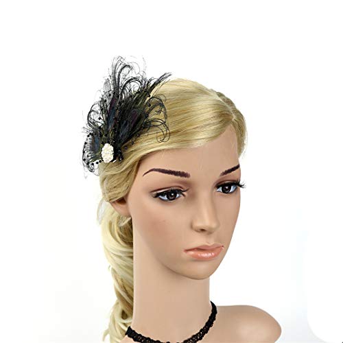 Fascinator Peacock Feather Hair Clips Flapper Headband Art Deco 20's Accessories for Women - color: 05black