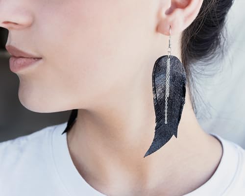 Black shiny Leather Feather Earrings for Women, Lightweight Minimal Boho Dangle Earrings, Small Simple Everyday Jewelry - color: Black metallic
