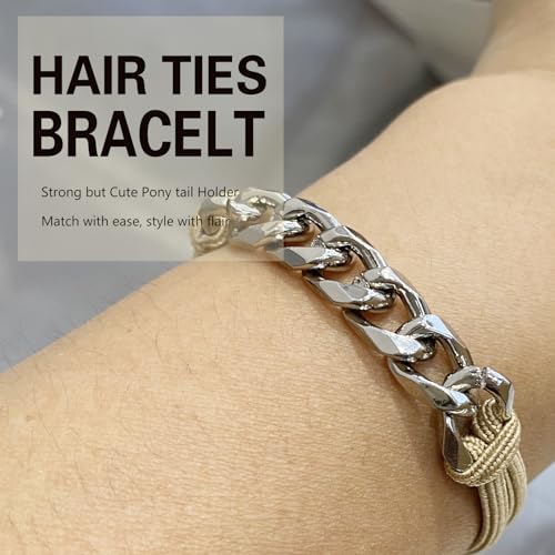 Hair Tie Bracelet, Cute Elastic Ponytail Holders Hair ties with Silver Jewelry for Girls Women Blonde Pony tails Hair Ties for Gifts (Khaqi with Silver) - color: Khaqi-05