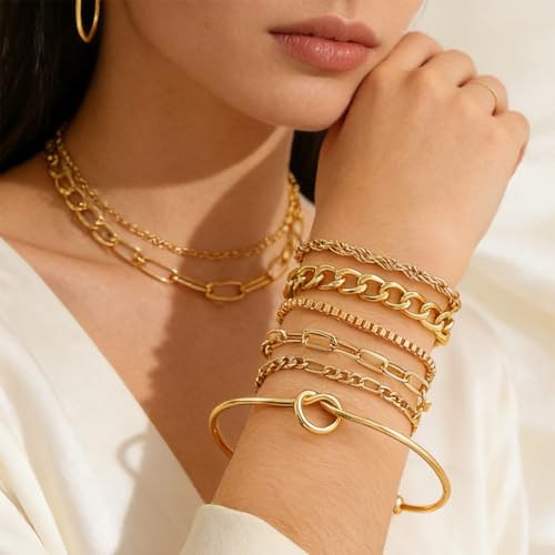 Alegend Titanium Steel (Not Rust, Resist Corruption, Easily Clean) 18K Gold Plated Single Bracelets + 14K Gold Plated Stackable Multilayer Bracelets - style: 14K Gold Plated Six-Layered