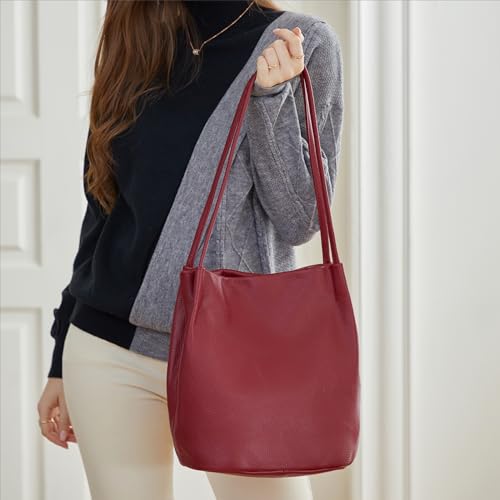 Iswee Genuine Leather Tote Bucket Bags Hobo Shoulder Bags Purse and Handbags for Women Trendy - color: Wine-lichee