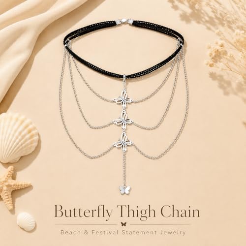 Butterfly Leg Chain for Women Green Butterfly Thigh Jewelry Lace Garter Body Chain Fairy Festival Party Outfit Accessory Gift - color: Silver