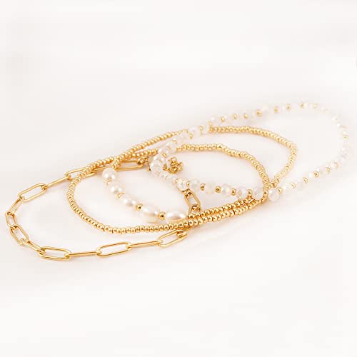 Dainty Gold Plated Pearl Crystal Beaded Bracelets Set for Women 14K Gold Plated Bead Pearl Beads Bracelet Stackable Paperclip Link Chain Bracelets Gold Plated Bracelets for Women Trendy Jewelry - color: Style2