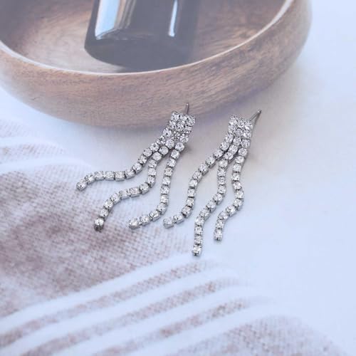 Vintage Crystal Chandeliers Drop Earrings Silver Rhinestone Dangle Earrings Silver Cz Paved Tassel Chain Earrings Wedding Chandelier Earrings Jewelry for Women