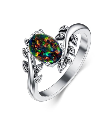 Genuine Turquoise Ring for Women Western Oval Gemstone Jewelry 925 Sterling Silver Leaf Bohemian Boho for Her Wife Mom - color: Opal-Black