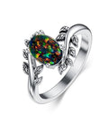 Genuine Turquoise Ring for Women Western Oval Gemstone Jewelry 925 Sterling Silver Leaf Bohemian Boho for Her Wife Mom - color: Opal-Black