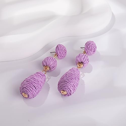 Boho Raffia Earrings Statement Dangle Earrings Cute Teardrop Ball Earrings Colorful Summer Jewelry Handmade Rattan Earrings for Women - color: Purple
