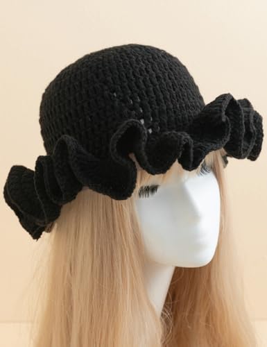 KORADI Womens Crochet Bucket Hat Ruffled Brim Knitted Hats Winter Boho Handmade Caps - color: Red&green