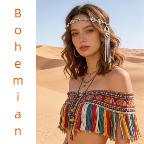 Silver Tassel Forehead Head Chain for Women - Bohemian Ornate Fringe Headpiece, Adjustable Ethnic Hair Jewelry for Festivals, Belly Dance, Bridal & Boho Styling