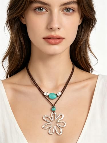 GelConnie Boho Necklaces for Women Cowgirl Necklace Stone Leather Cord Pendant Necklaces With Beads Long vintage Layered Choker Necklace - style: Big Flower Pendant