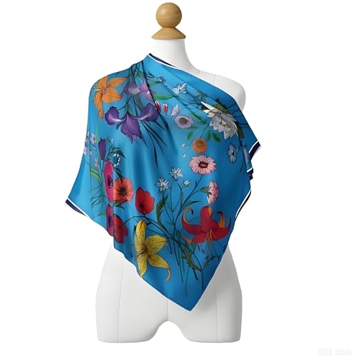 Premium Floral Scarf for Women 35x35 Square Silk Feel-Lightweight Scarves Headscarf Bandanas Wrapping Handbag - color: Blue Blossom