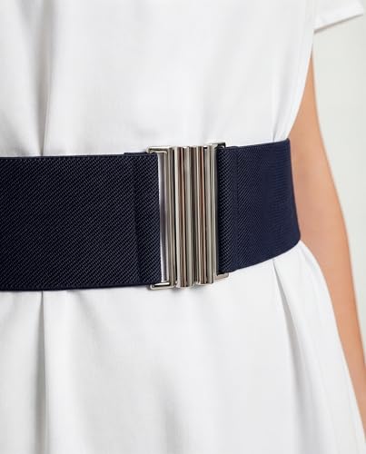 BlackButterfly Wide Elastic Waist Cinch Stretch Waistband Retro Vertical Clasp Buckle Belt - color: Midnight Blue, size: Large