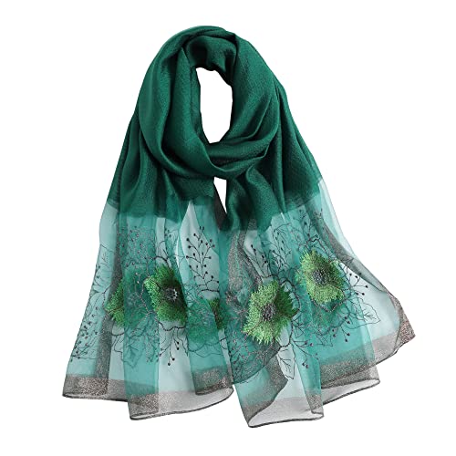 WINCESS YU Women Mulberry Silk Scarf Long & Large Embroidered Floral Pattern Shawl and Wraps Neckerchief for Hair & Neck - color: Sunflower Green
