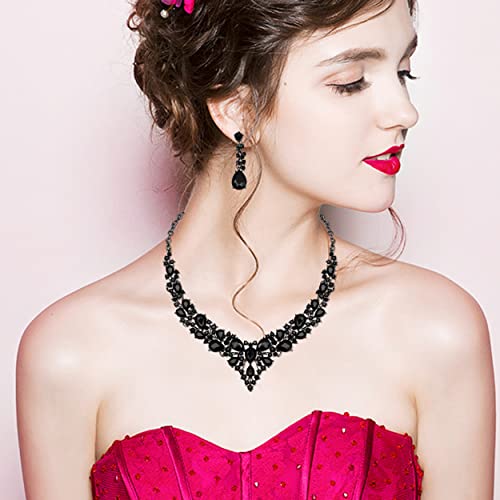 CSY 4 Pcs/Set Austrian Crystal Necklace Earrings Bracelet Ring Bridal Jewelry Sets for Brides Wedding Party Costume Accessories Gifts for Women - color: 02-black