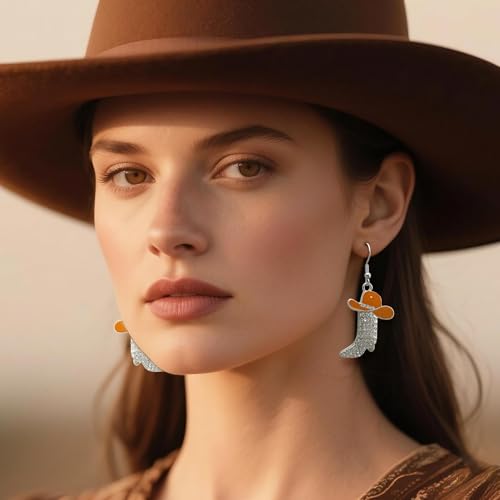 RechicGu 3 Pairs Western Cowgirl Cowboy Hat Earrings Set Silver Symmetric Boots Sparkly Rhinestone Tassels Drop Dangle Rural Culture Earrings Set For Women - color: Silver Boots,Brown Hat