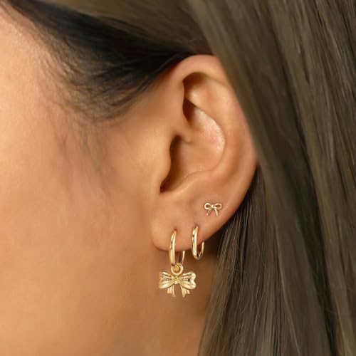 3 Pairs Small Earring Stacks, 14K Gold/Silver/Black/Rose Gold Plated Pearl Heart Butterfly Star Diamond Charm Drop Huggie Earrings Trendy Jewelry Gift for Women - color: Gold-Bow