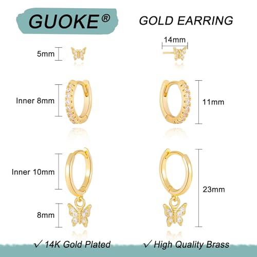 3 Pairs Small Earring Stacks, 14K Gold/Silver/Black/Rose Gold Plated Pearl Heart Butterfly Star Diamond Charm Drop Huggie Earrings Trendy Jewelry Gift for Women - color: Gold-Butterfly
