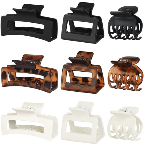 CHANDAT Medium Claw Hair Clips Set for Women - 3 Styles, 9PCS Rectangle Hair Clips for Thick Hair, Square Clips for Thin Hair - Deep Leopard - color: Deep Leopard