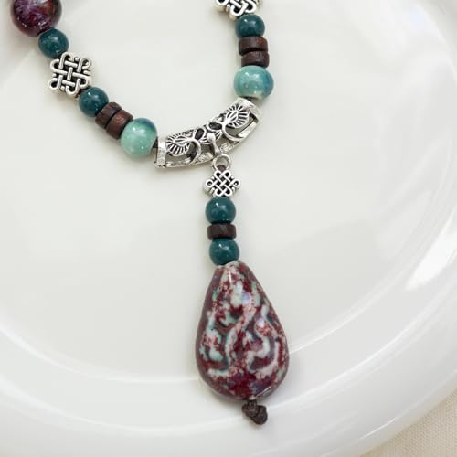 Adjustable Ceramic Beaded Necklace for Women, Boho Handmade Flower Pendant Necklace, Hippie Jewelry for Mom and Wife - color: Deep Green and Red, style: Bohemian