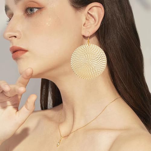 Anmpab Boho Large Disc Earrings for Women Vintage Geometric Hammered Round Circle Drop Dangle Earrings Statement Jewelry - color: Gold