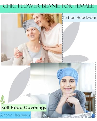 Alnorm Flower Design Chemo Hair Loss Caps Cancer Headwear for Women - color: Grass Green