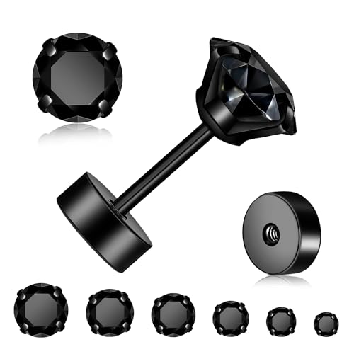 Flat Back Stud Earrings for Women - Hypoallergenic Surgical Steel Earrings with CZ Stones - 6 Pairs (18-20G) - color: Black, size: 20 G