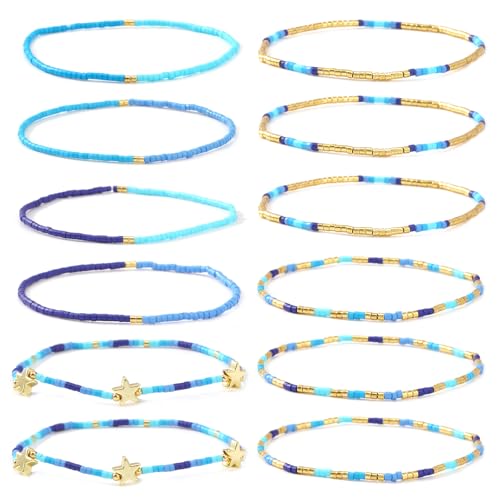 Dainty Gold Beaded Star Bracelets Stack for Women,Handmade Boho Colorful Beads Bracelet Fashion Prom Holiday Jewelry Gift Friendship Family - color: Blue