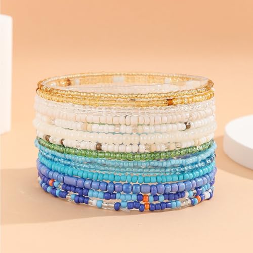 Fuqimanman2020 18Pcs Boho Stackable Beaded Bracelets for Women Colorful Handmade Multilayered Rice Beads Anklets Set Summer Beach Bohemian Jewelry Gift - color: Style 1 Blue B