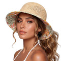 TOP-EX chicpony™ Cooling UPF 50+ Wide Brim Beach Hand Crochet Straw Hat - color: Natural Light Botanical, size: Medium