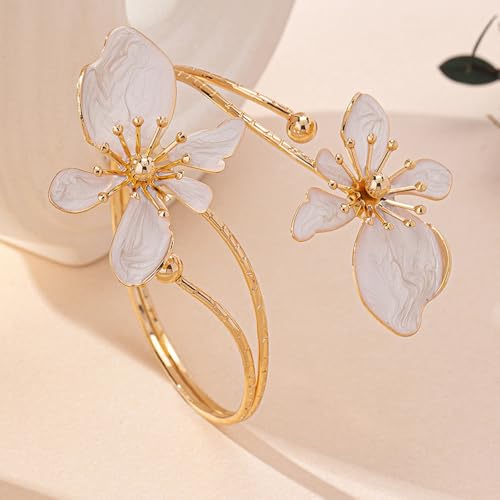 Flower Arm Cuff Bracelets for Women Adjustable Gold Upper ArmBand Jewelry Boho Floral Open Wrap Statement Bangle Bracelet Arm Cuff Jewelry Gifts for Women - color: White