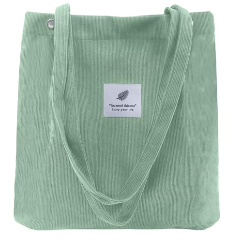 Corduroy Tote Bag for Women Small Canvas Shoulder Purse Cord Handy Bag with Inner Pocket | with Front Pocket - color: 02 Pea Green