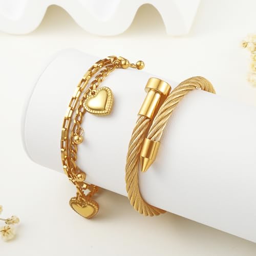 2PCS 18K Gold Plated Nail Bangle & Chain Bracelet Set for Women, Adjustable Stackable Bangle Jewelry, Dainty Gold Bracelet Gift for Women - color: Set F