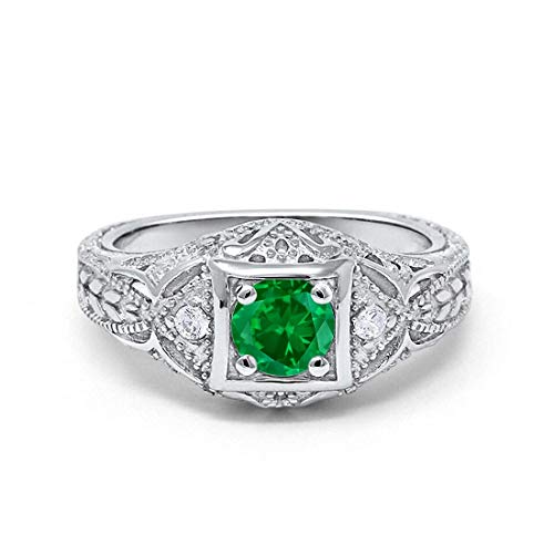 Blue Apple Co. Art Deco Ring Round Cubic Zirconia Leaf Filigree Design Split Shank Twisted Band Bridal Statement Wedding Engagement Rings For Women 925 Sterling Silver Gifts For Her - color: Simulated Emerald
