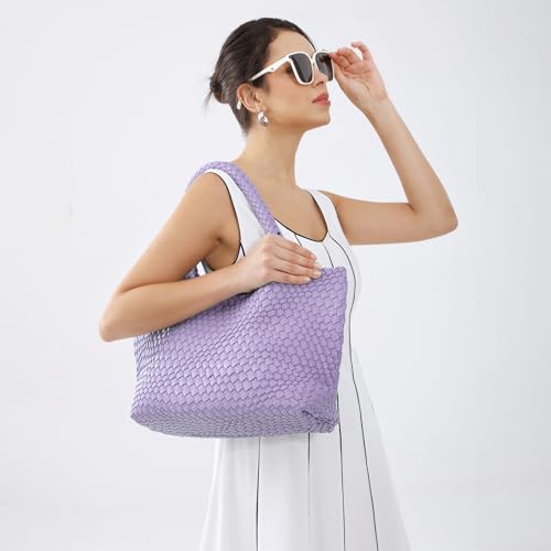 Woven Tote Bag Womens Purse Vegan Leather Shoulder Handbags Fashion Summer Beach Tote Bags Large Travel Totes - color: Purple
