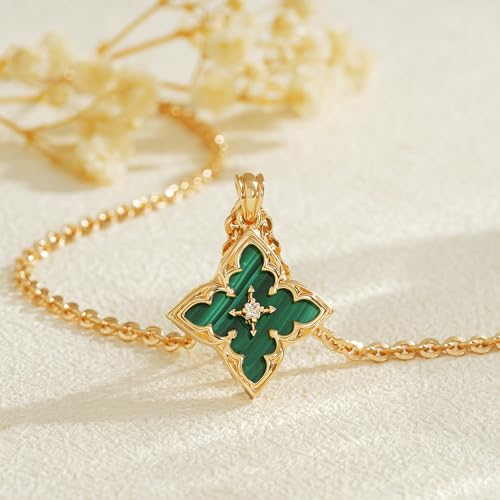 Fettero Gold Clover Necklace for Women Dainty 14K Gold Plated CZ Pendant Necklace Adjustable Chain Choker Charm Colorful Clover Pendant Lucky Necklaces for Women Jewelry - color: Malachite-green
