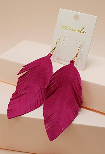 Large Genuine Soft Leather Handmade Fringe Feather Lightweight Tear Drop Dangle Color Earrings for Women Girls Fashion - color: Fuchsia