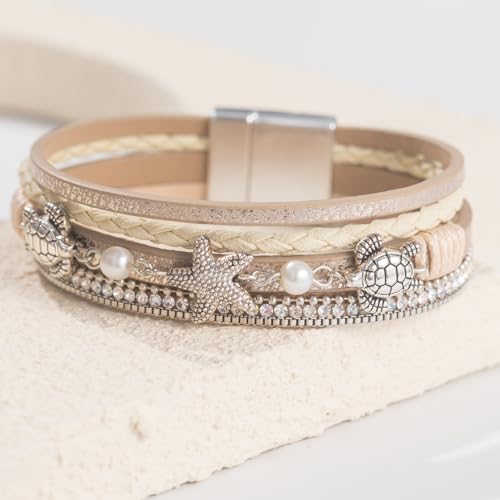 FANCY SHINY Turtle Starfish Leather Wrap Bracelet Boho Rhinestone Pearl Cuff Bracelets for Women Summer Beach Jewelry for Women - color: Gold